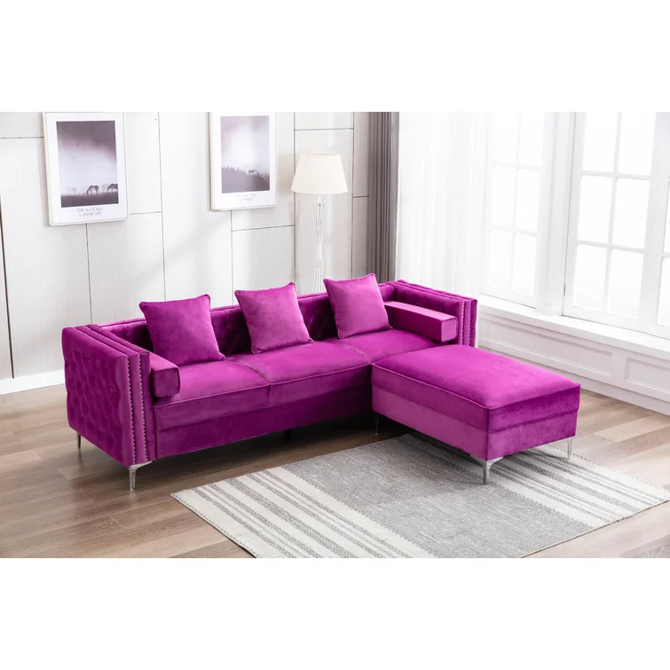 Zaida 104" Wide Velvet Reversible Modular Sofa & Chaise with Ottoman