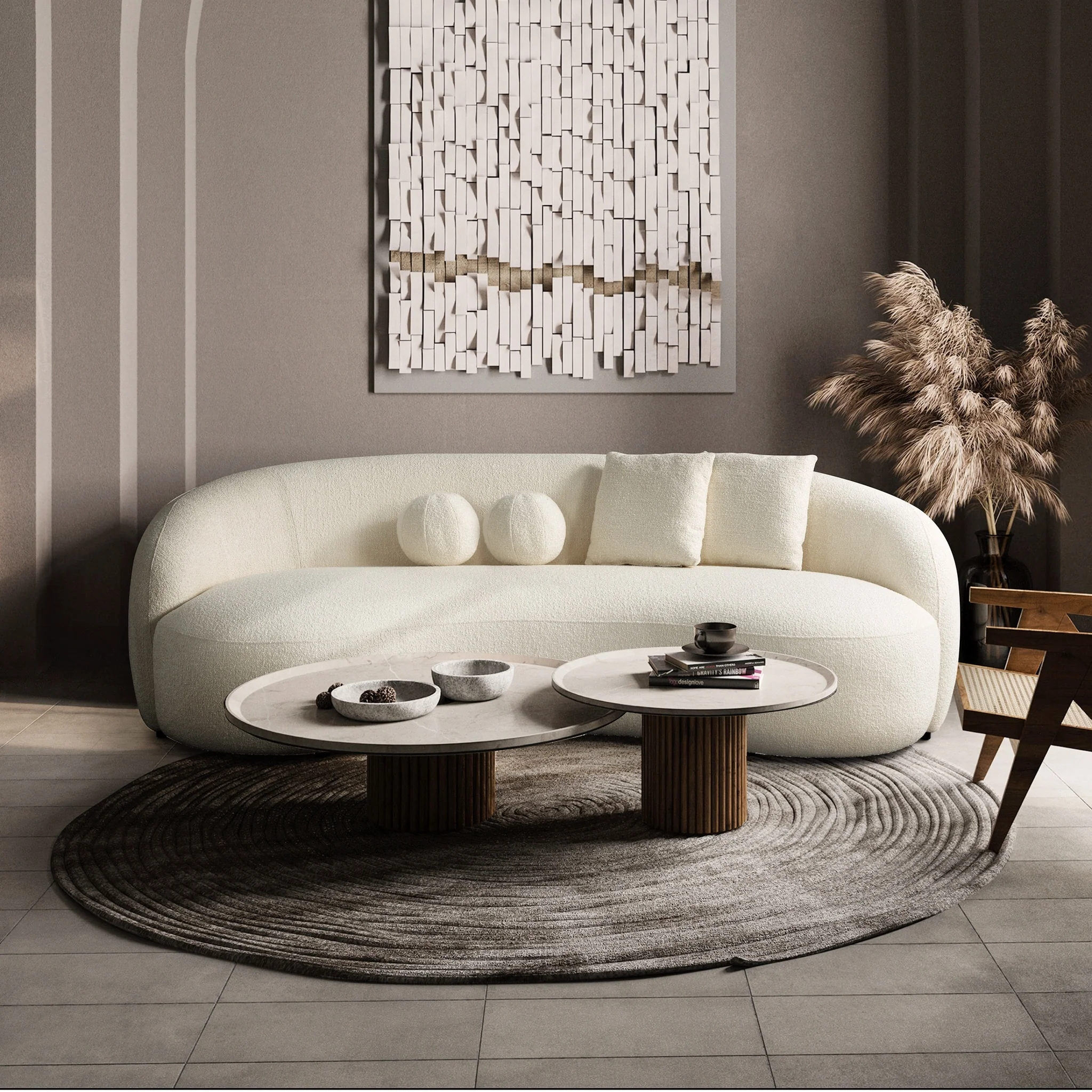 Baker Mid-Century French Boucle Fabric Upholstered Sofa in Cream