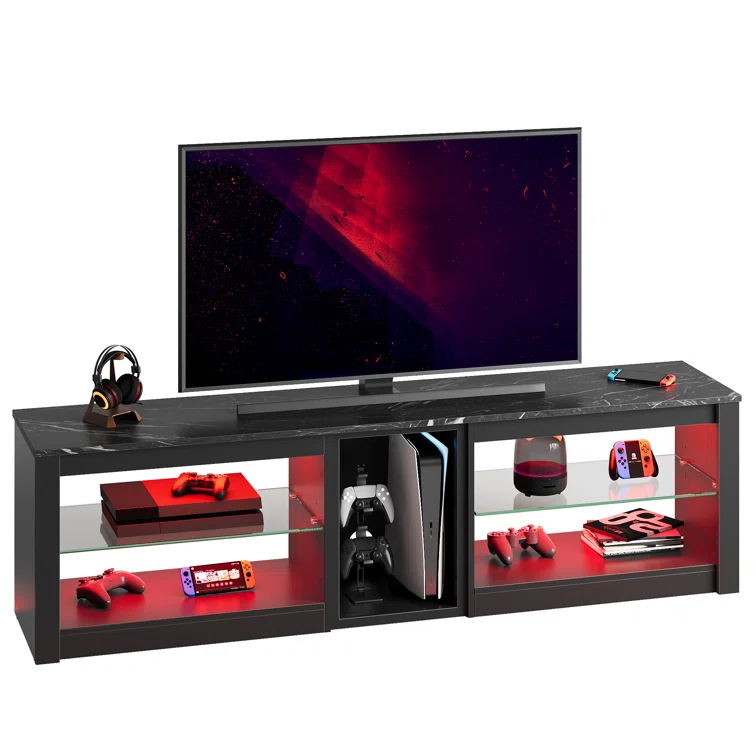 Brahma TV Stand for 70 inch TV, Gaming Media console for PS5, LED Entertainment Center with Glass Shelves