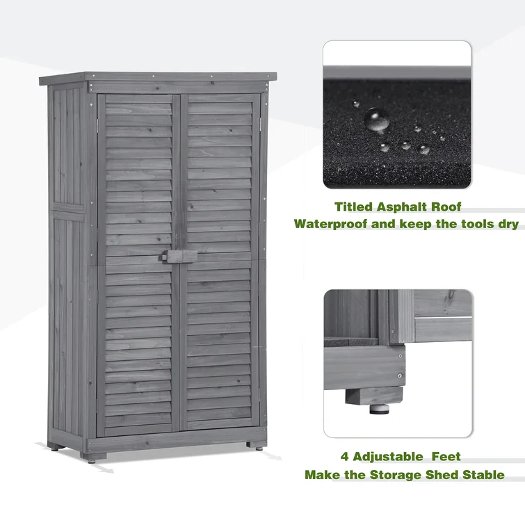 3-Tier Shelves Patio Wooden Garden Shed, Outdoor Storage Cabinet, Tool Shed with Lockable Doors