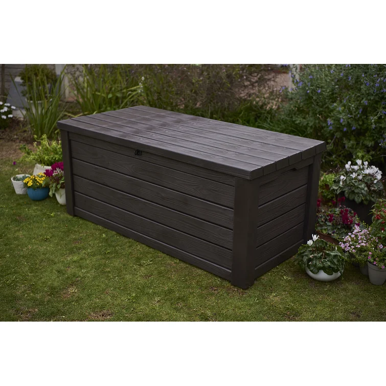 Keter Eastwood 150 Gallon Durable Resin Outdoor Storage and Organization Deck Box For Patio Furniture and Supplies, Brown