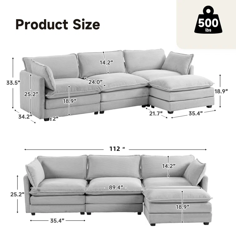 Redenius 4-Piece 112'' Upholstered Corduroy L-Shape Sectional