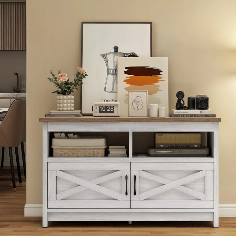 Small Entertainment Center Farmhouse TV Stand Cabinet Media Console Table W/Power Outlets Storage Cabinets