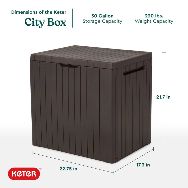 Keter City 30 Gallon Small Durable Resin Outdoor Storage and Organization Deck Box For Patio Furniture and Supplies, Brown