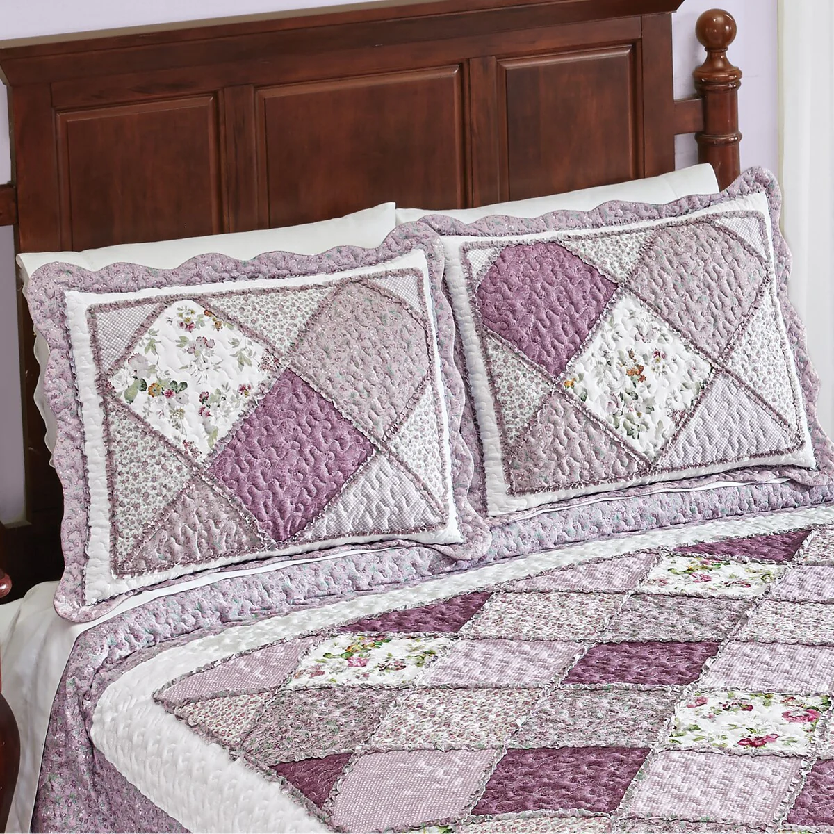Ruffled Edge Floral Trellis Design Patchwork Pillow Sham