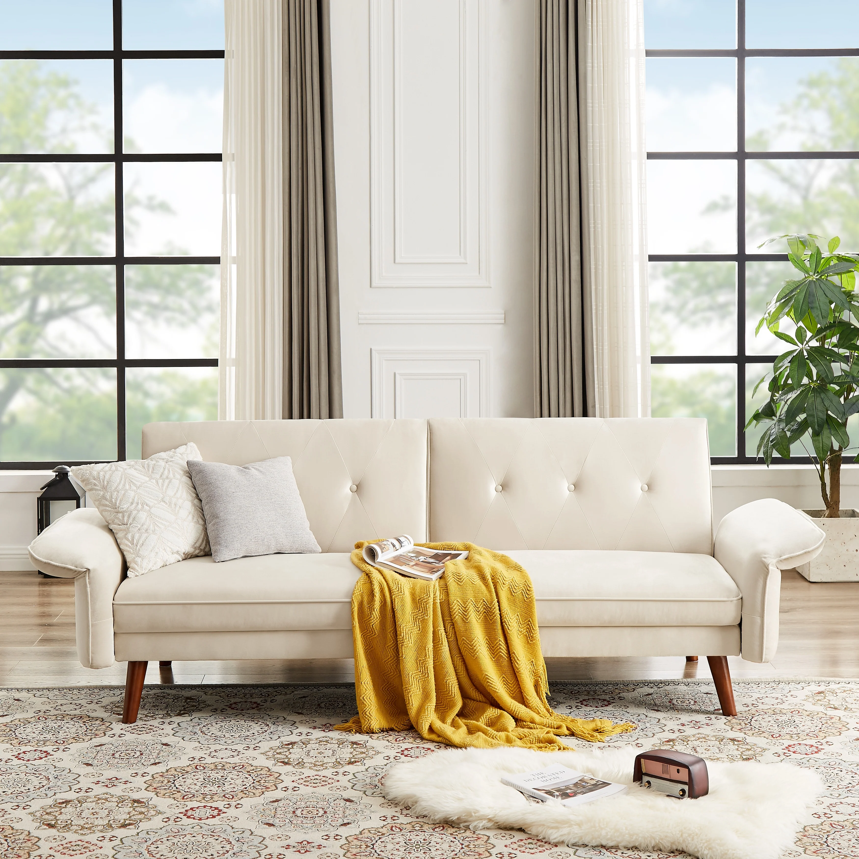 Modern Futon Sofa Bed, Convertible Sleeper Sofa with Tapered Wood Legs, 78.35