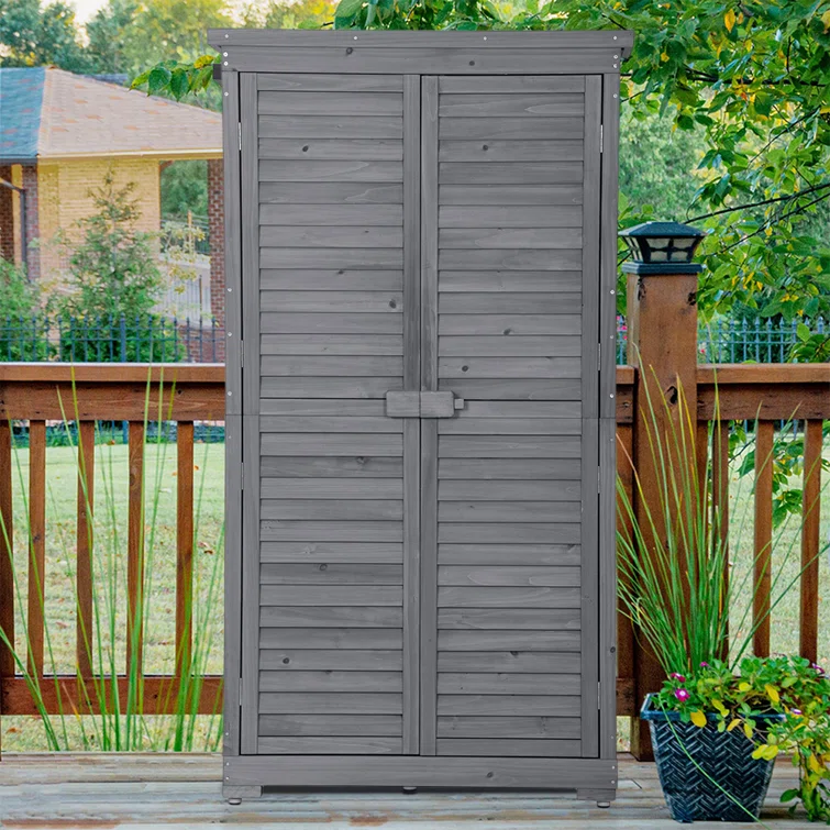 3-Tier Shelves Patio Wooden Garden Shed, Outdoor Storage Cabinet, Tool Shed with Lockable Doors