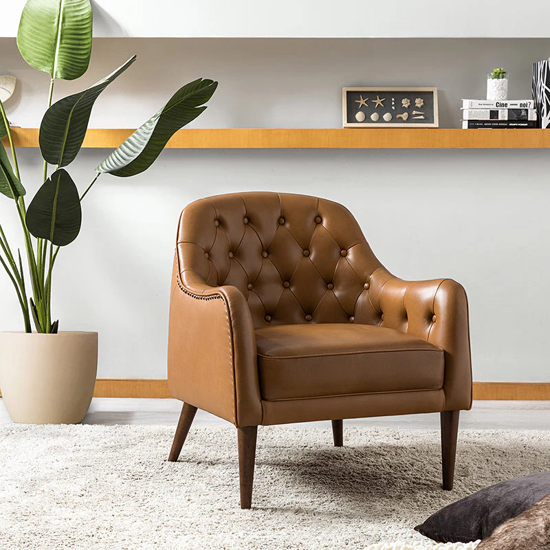 Casio Genuine Leather Wood Legs Accent Barrel Chair for Living Room