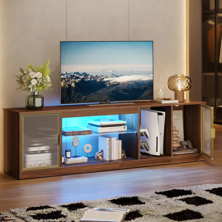 Carlei 70Inch LED TV Stand for 75inch TVs, TV Console with Storage, Media Console with Adjustable Shelf