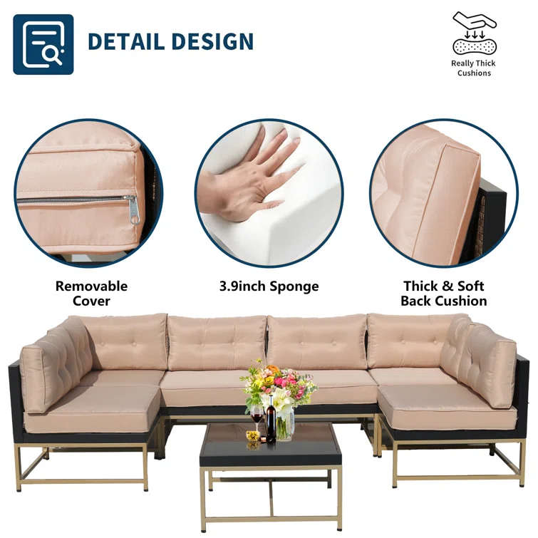 Patio 7-Piece Furniture Set,Outdoor Wicker Sectional Sofa w/Golden Legs<!-- --> <!-- -->(Set of 7)