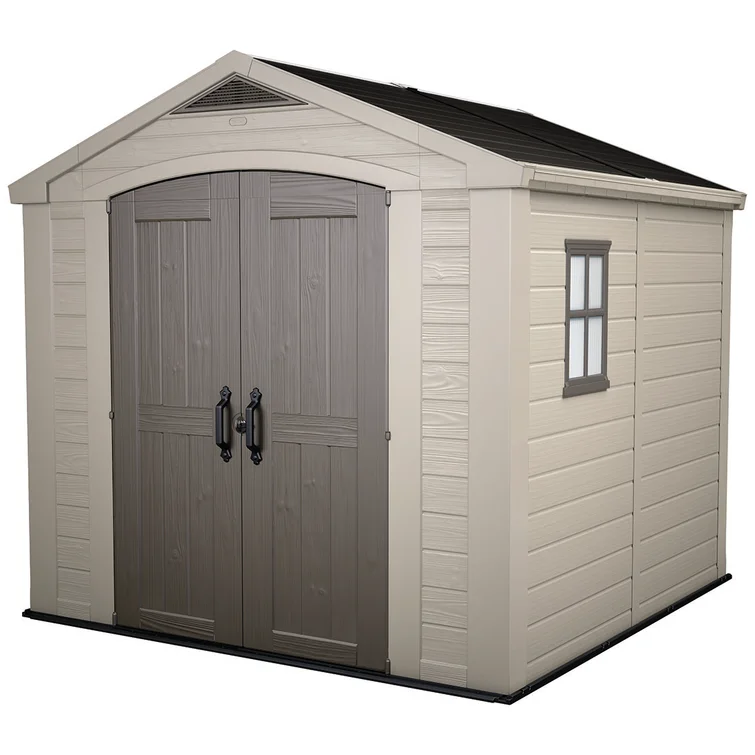 Keter Factor 8x8 ft. Durable Resin Outdoor Storage Shed With Floor and Double Doors for Garden Patio Furniture and Tools, Brown