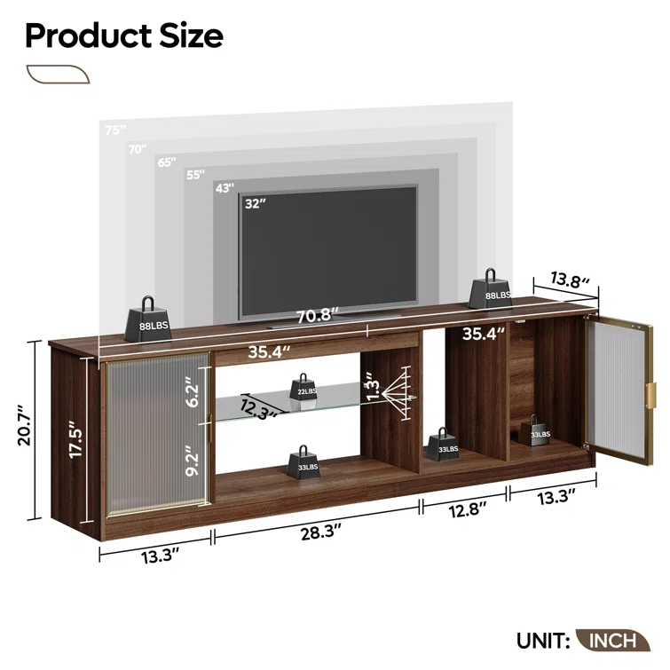 Carlei 70Inch LED TV Stand for 75inch TVs, TV Console with Storage, Media Console with Adjustable Shelf