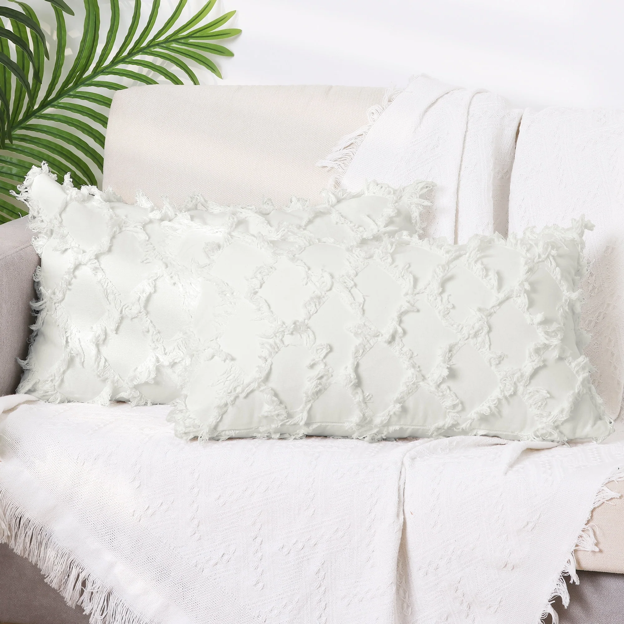 Set of 2 Solid Color Cut Flower Checkered Throw Pillow Covers Soft Cozy Neutral Decorative Cushion Covers for Sofa Home Decor