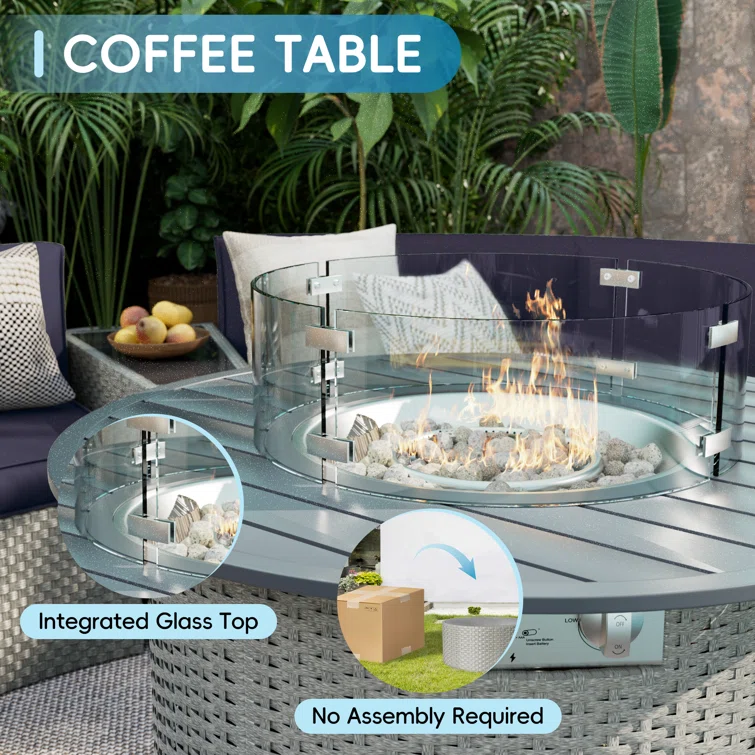Meredithe Half-Moon 6 - Person Fully Assembled Curved Patio Conversation Set With Fire Pit Table & Side Table