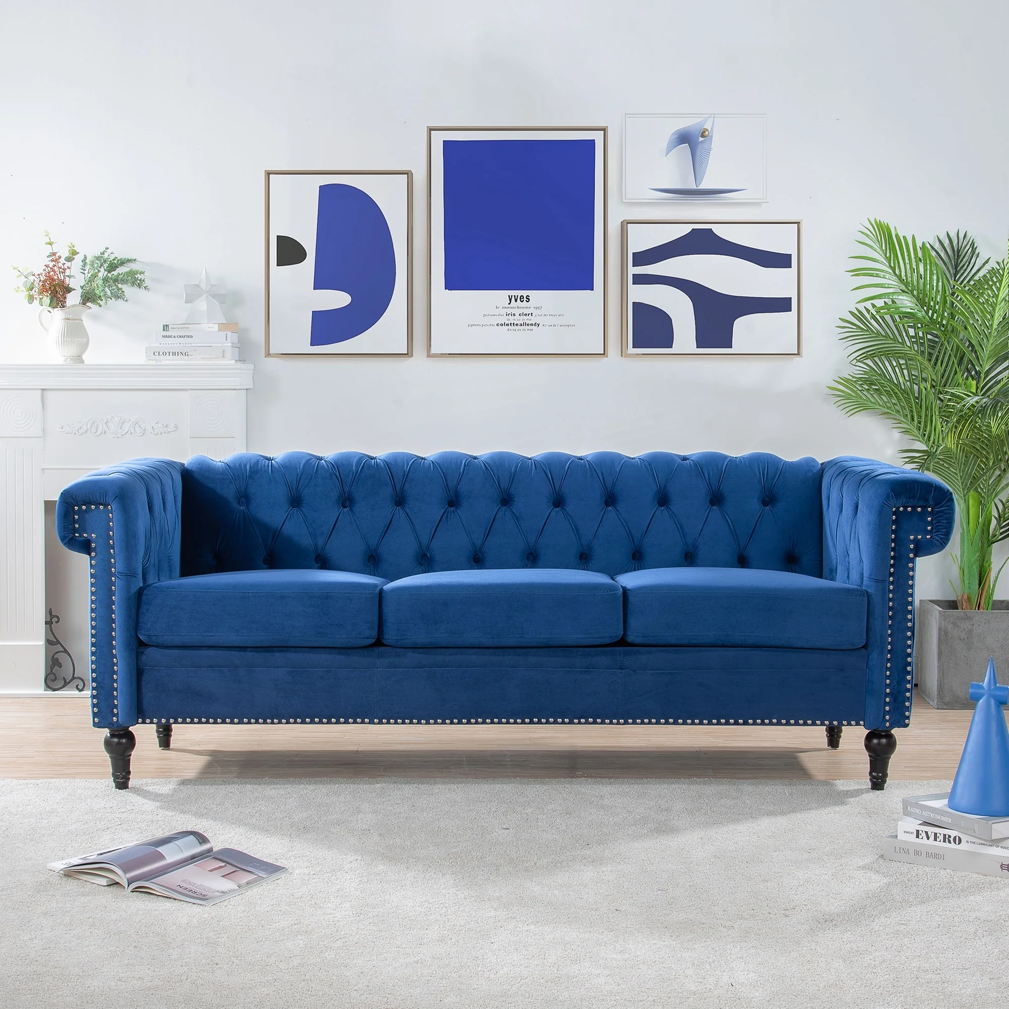 Traditional Square Arm Tufted Upholstery Three-Seater Sofa - 32.68 x 83.66 x 29.53