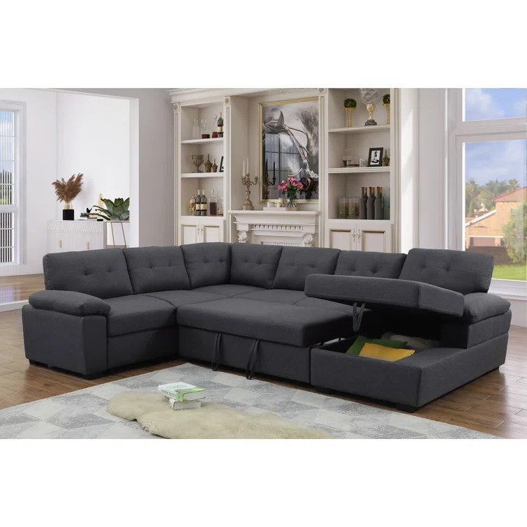 Aine 118" Wide Fabric Sectional Sleeper Sofa (Pull-Out Bed) With Storage Chaise