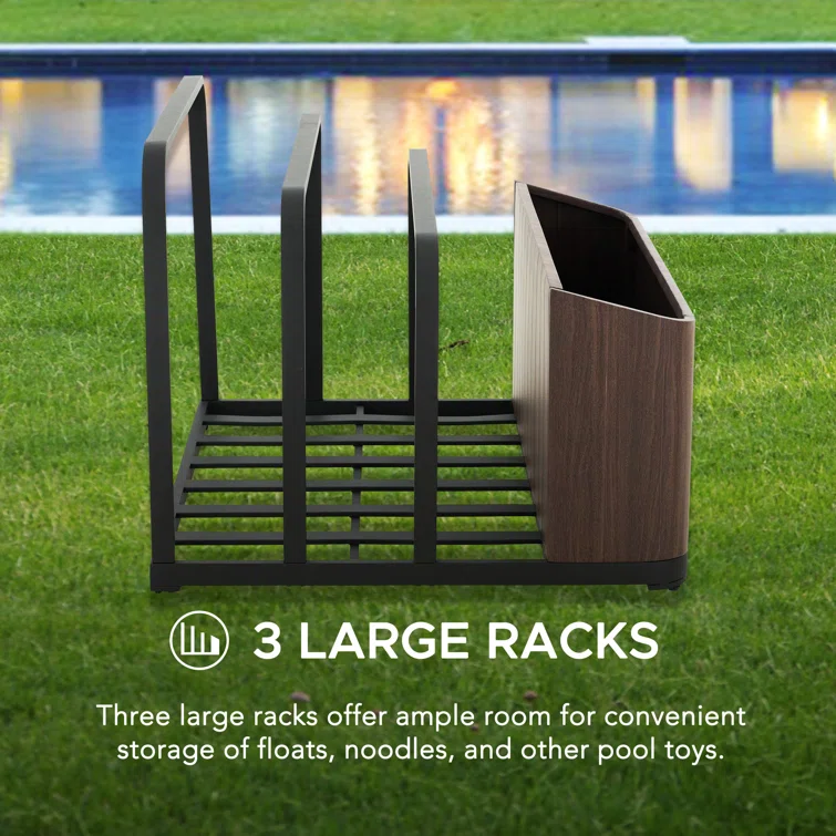 Duell Aluminum Pool Float Storage Basket, Outdoor Toy Rack and Multi Use Storage Organizer Bin for Floats, Paddles, Balls, Towels