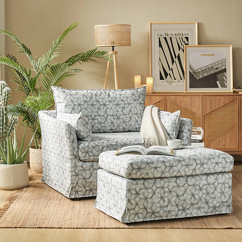 Miles Slipcovered Armchair with Large Ottoman