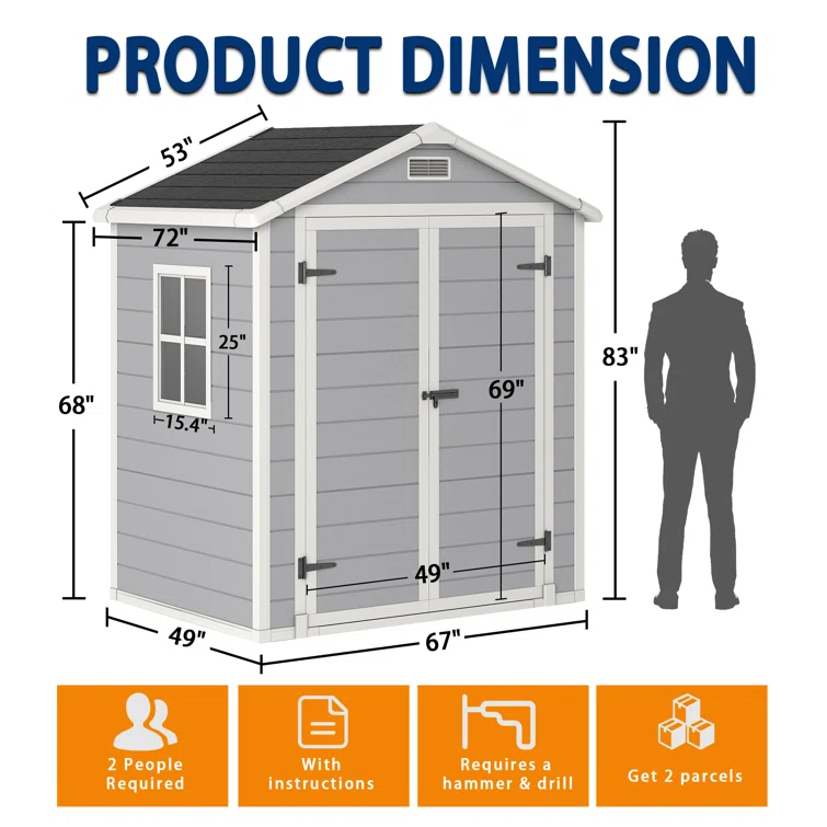 Outdoor Storage Shed, 6x4 FT Resin Shed with Floor, Weather-Resistant Plastic Garden Shed