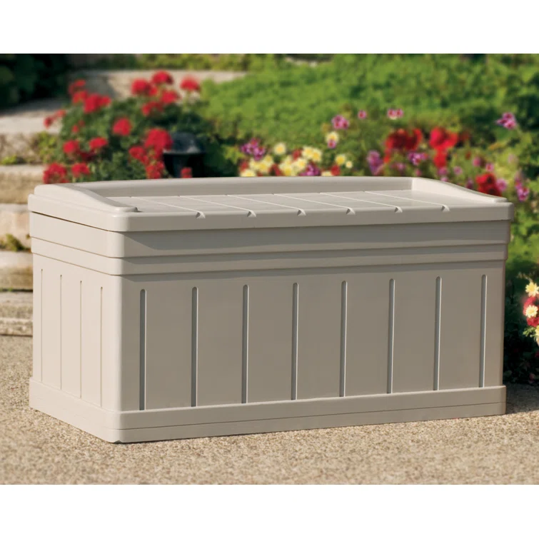 Suncast 129 Gallon Water Resistant Resin Deck Box with Storage Seat in Light Taupe