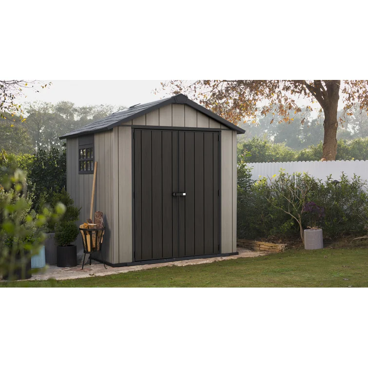 Keter Oakland 7.5x7 ft. Durable Resin Outdoor Storage Shed With Floor and Double Doors for Garden Patio Furniture and Tools, Grey