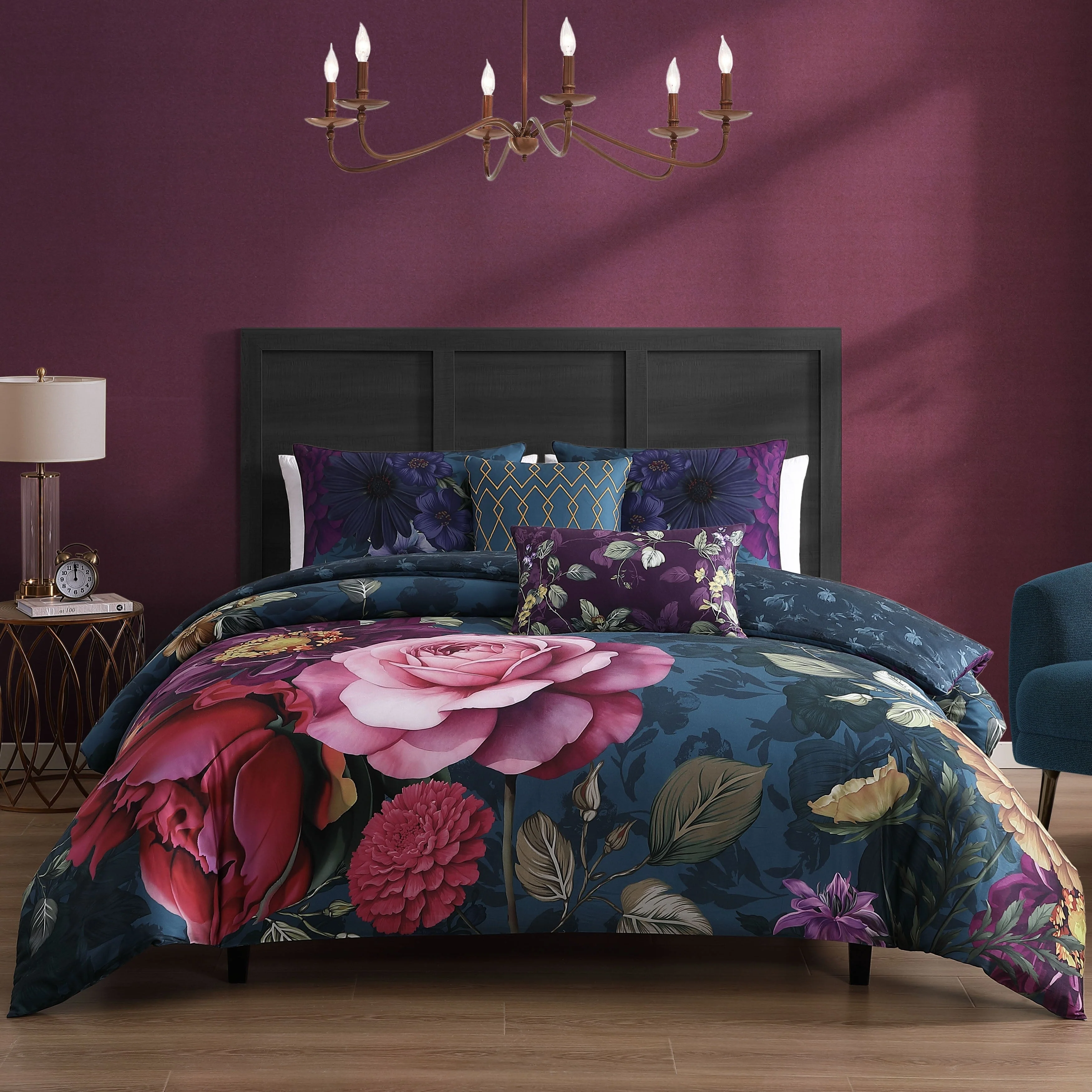 Bebejan Vibrant Flora 100% Cotton Sateen 5 Piece Reversible Comforter Set