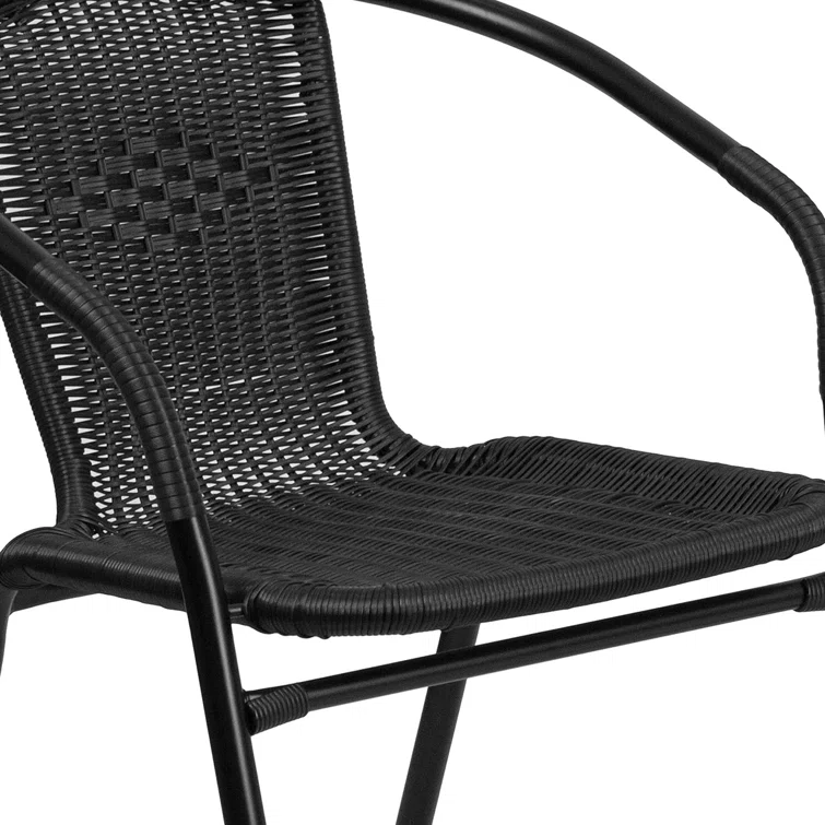 Amlie 28'' Square Glass Metal Table with Rattan Edging and 4 Rattan Stack Chairs