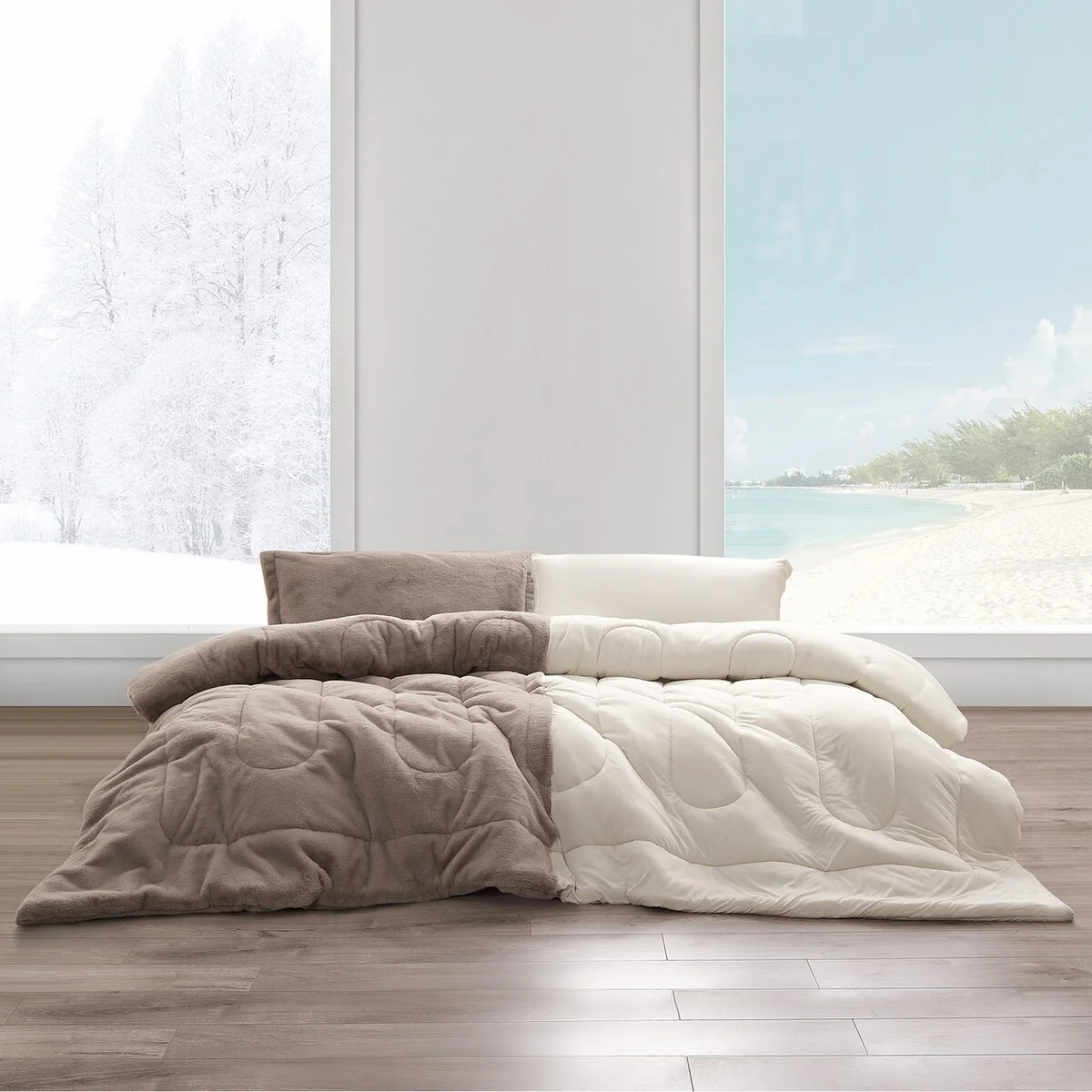 Opposites Attract? - Coma Inducer? Oversized Comforter Set - Plush Brown Bear + Cooling Beige Cream
