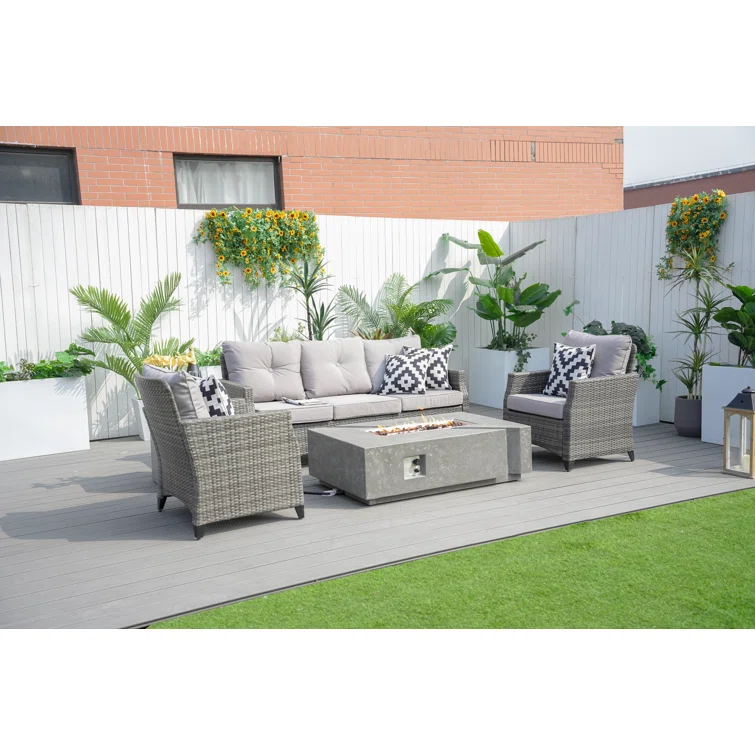 Julia 5- Person Outdoor Wicker Patio Conversation Furniture Set With Fire Pit