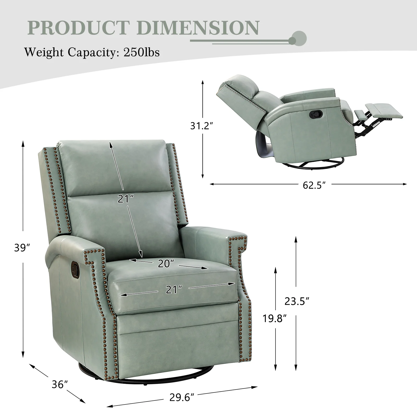 Canace Modern Genuine Leather Manual Glider Rocker Recliner
