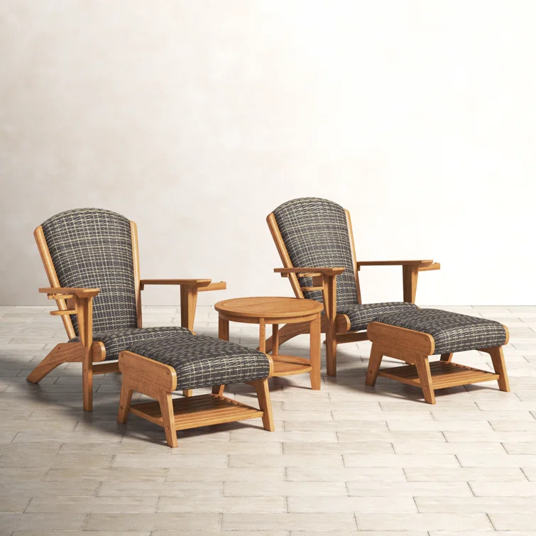 Teak Wood - 5 Piece Seating Group Adirondack Chair with Ottoman