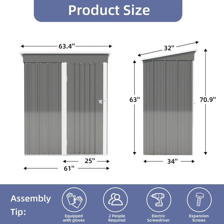 Grey 5 x 3 ft. Outdoor Tool Shed with Lockable Door and Sloping Roof for Patio, Lawn & Garden Storage