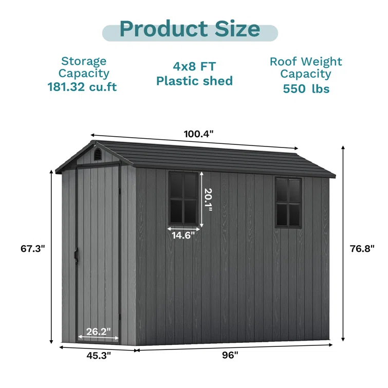 4 ft. W x 8 ft. D Plastic Storage Shed with Floor, Resin Shed with Windows and Lockable Doors