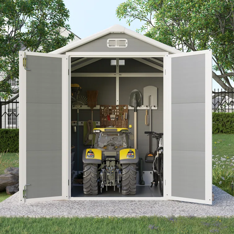 Resin Storage Shed with Floor, Tool Shed Outdoor Storage with Vents, Window, and Stainless Steel Cores, for Lawnmowers/ Bicycles/ Pool Supplies