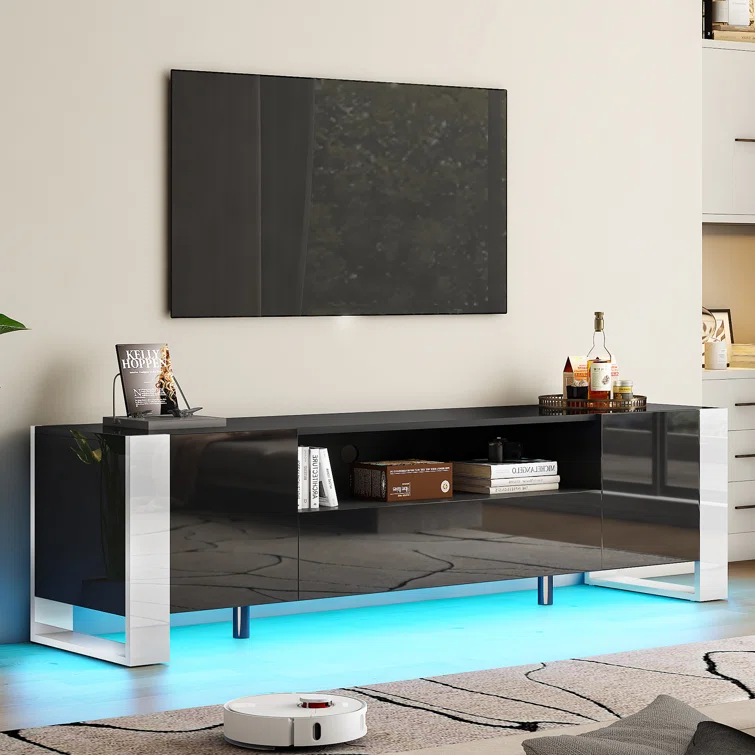 Bhhatu Modern LED TV Stands, 70 Inch TV Console With High Gloss Finish,Entertainment Center With 2 Cabinet Storage Drawer For Living Room, Gaming Room, TV Cabinet For TVs Up To 80