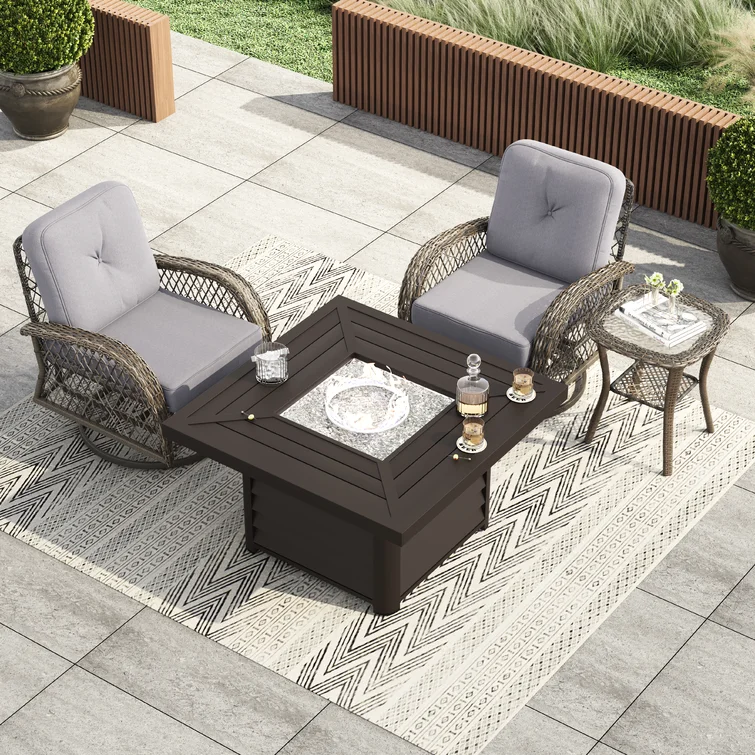 Baecher Wicker / Rattan 2 - Person Outdoor Seating Group with Swivel & Glider Chair Set and Aluminum Fire Pit Table