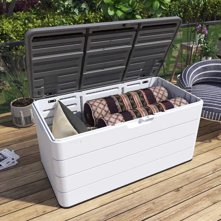 Resin Deck box, Outdoor Storage Container, Large Waterproof Storage Bench