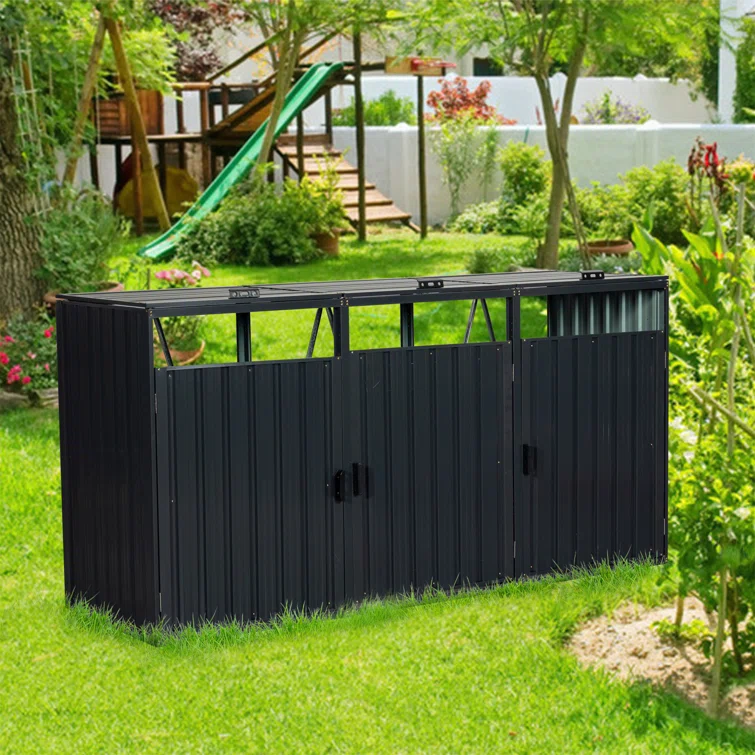 Creationstry Metal Vertical Garbage Shed,3 Trash Cans,Outdoor Stainless Galvanized SteelBin Shed