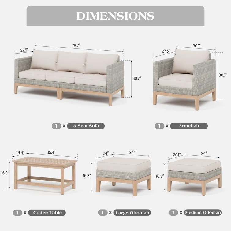 Romin 6-Person Outdoor Patio Conversation Furniture Set with Acacia Wood Coffee Table