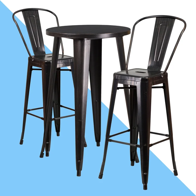Genece 30'' Round Metal Indoor-Outdoor Bar Table Set with 2 Cafe Stools
