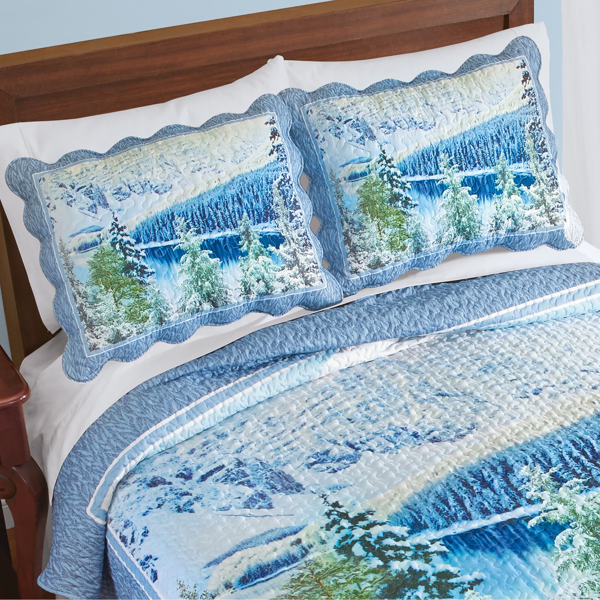 Frosty Woodland Scene Scalloped Edge Pillow Sham Set
