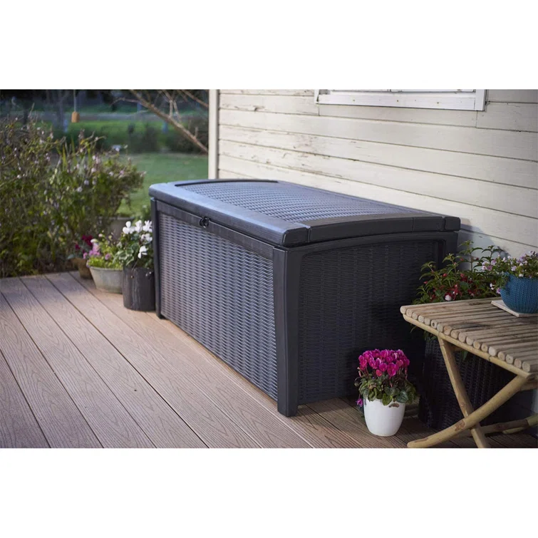 Keter Borneo 110 Gallon Rattan Wicker Resin Patio Deck Storage Box Bench
