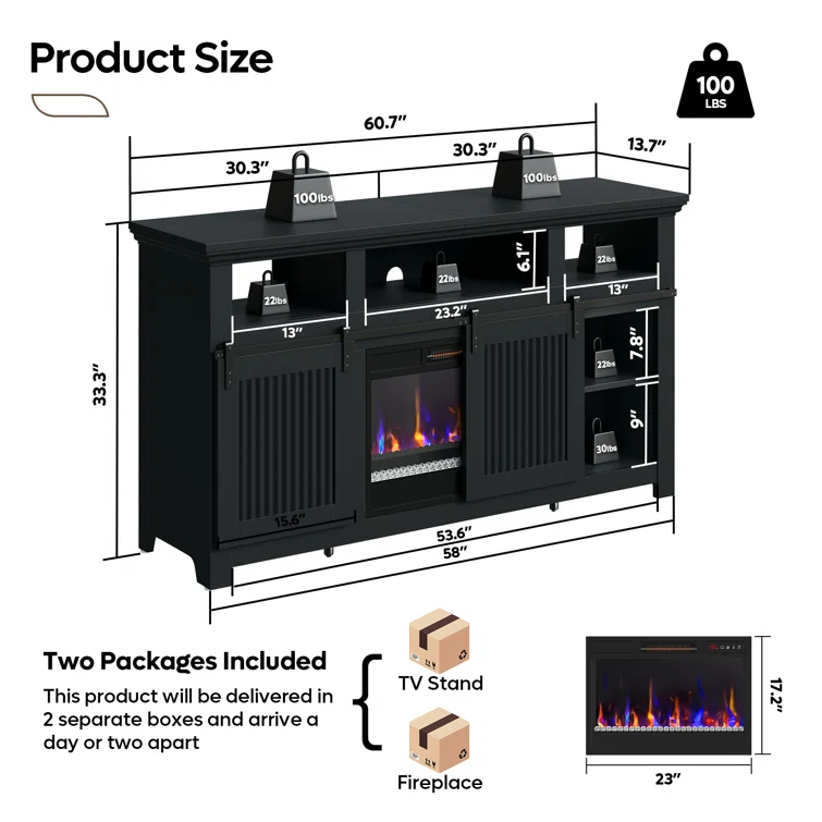 60 inch Fireplace TV Stand for TVs up to 65 inch, LED Media Console Entertainment Center with 23
