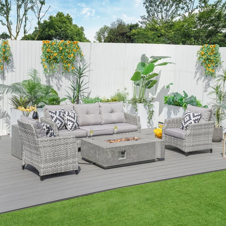 Julia 5- Person Outdoor Wicker Patio Conversation Furniture Set With Fire Pit