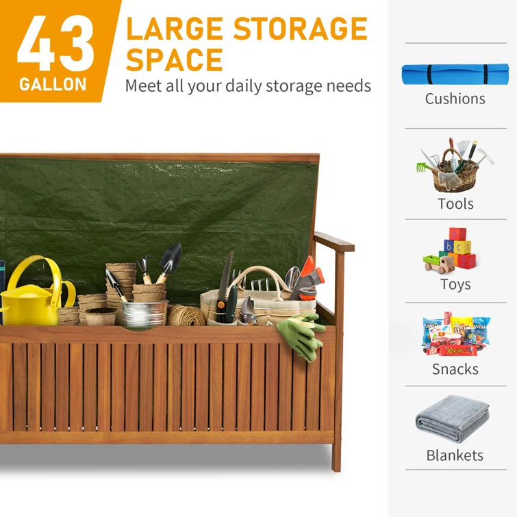 Winado 43 Gallons Acacia Solid Wood Storage Box Bench with Cushion