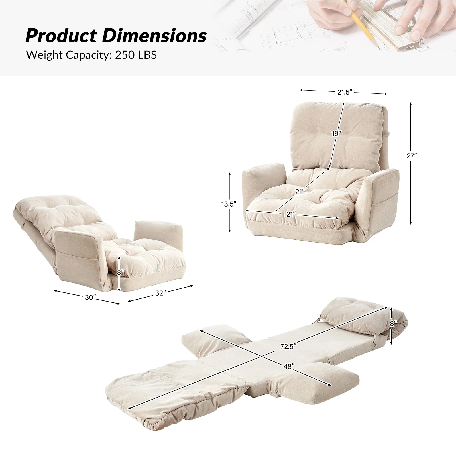 Faustus Reclining Floor Chair with Storage Armrest