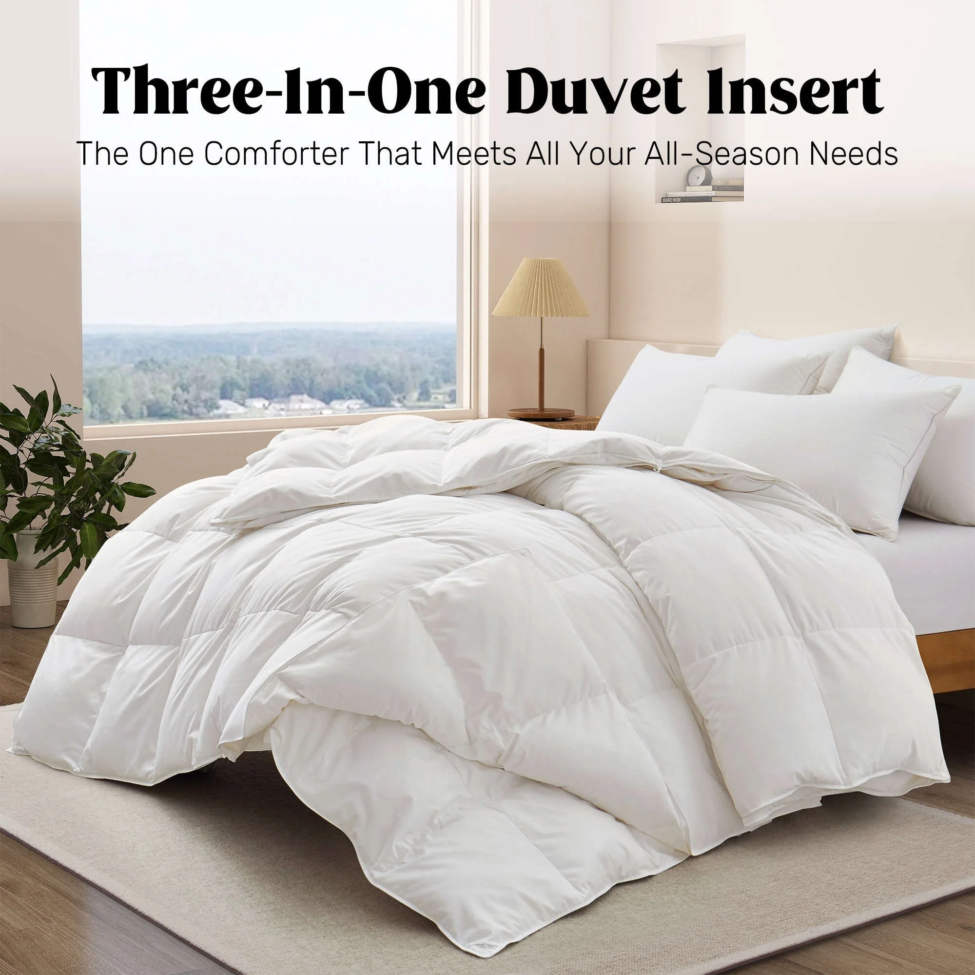3-in-1 White Goose Down Comforter, Lightweight & All Season Duvet Inserts Buttoned Quilt with 8 Corner Tabs