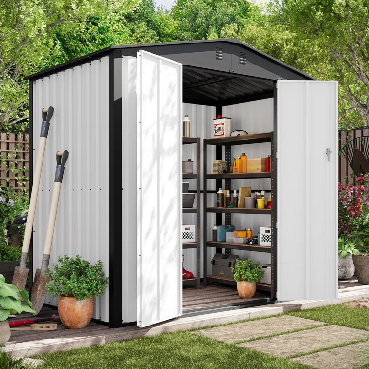 6 ft. W x 4 ft. D Metal Vertical Storage Shed, White&Black