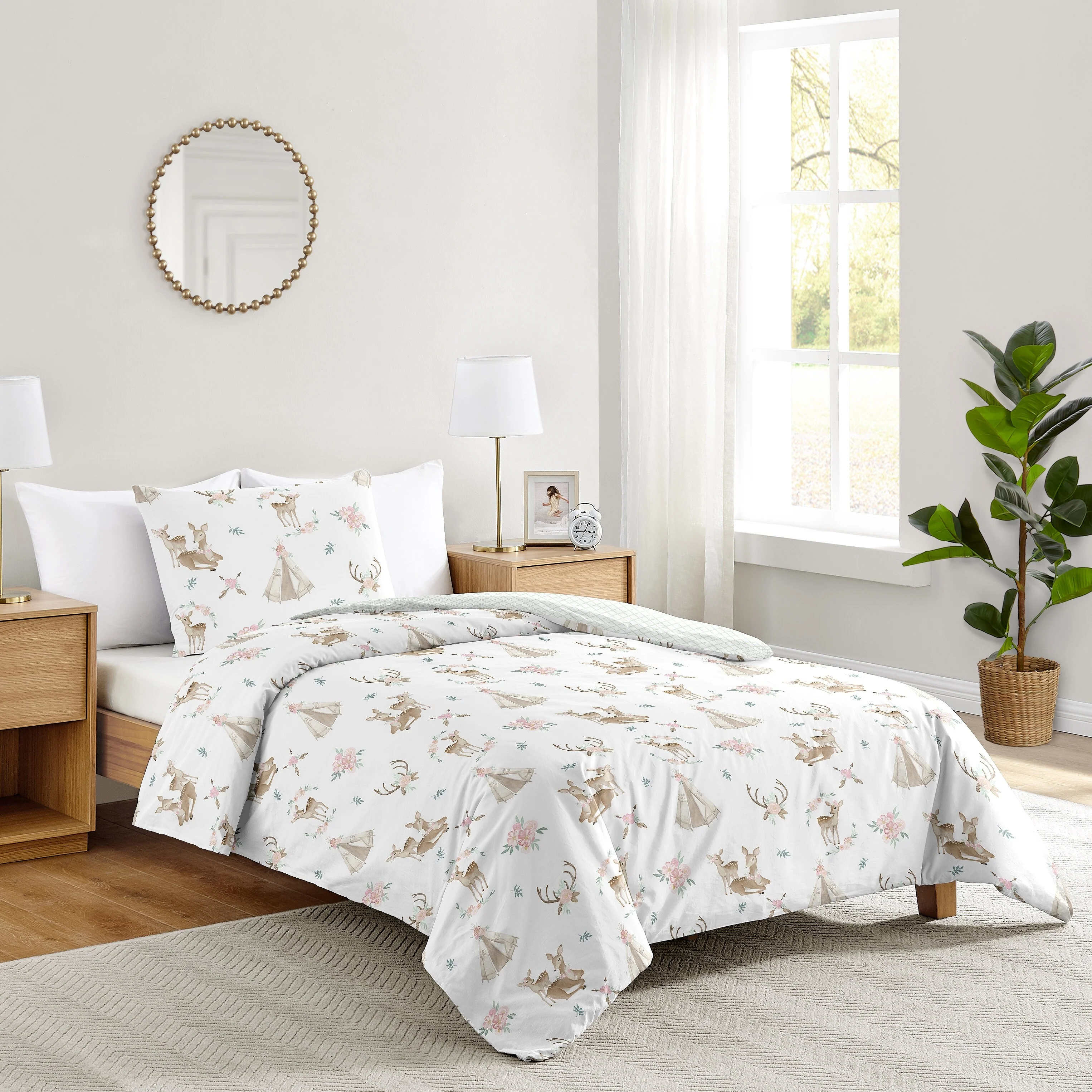 Sweet Jojo Designs Blush Pink Mint Boho Watercolor Woodland Deer Floral Collection Girl 2-piece Twin-size Comforter Set