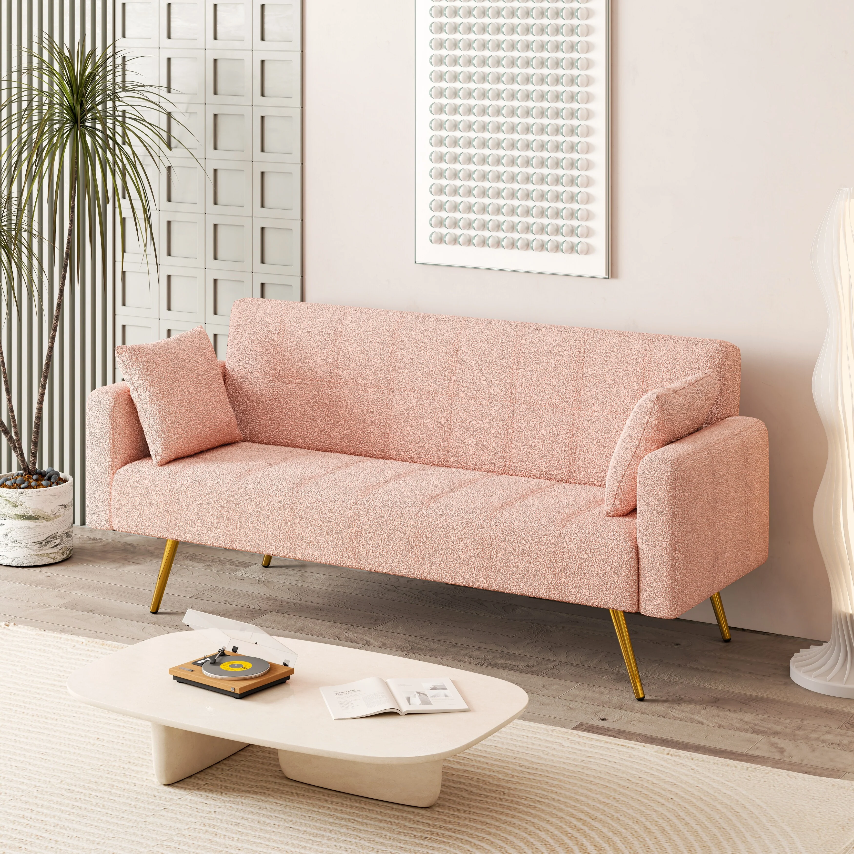 Pink Teddy Fleece Sofa Bed with Two Throw Pillows - 31.10 x 71.70 x 31.89